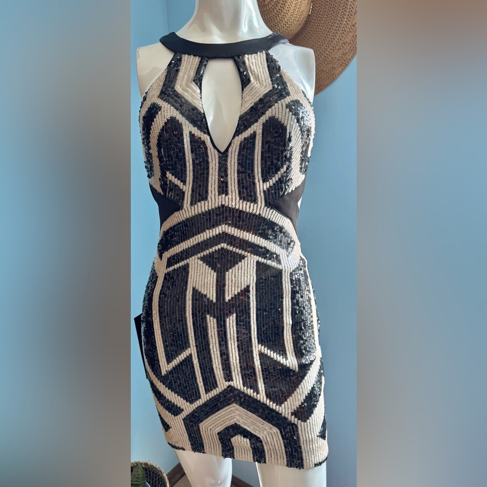 bebe Black & Ivory Sequin Geometric Halter Mini Dress